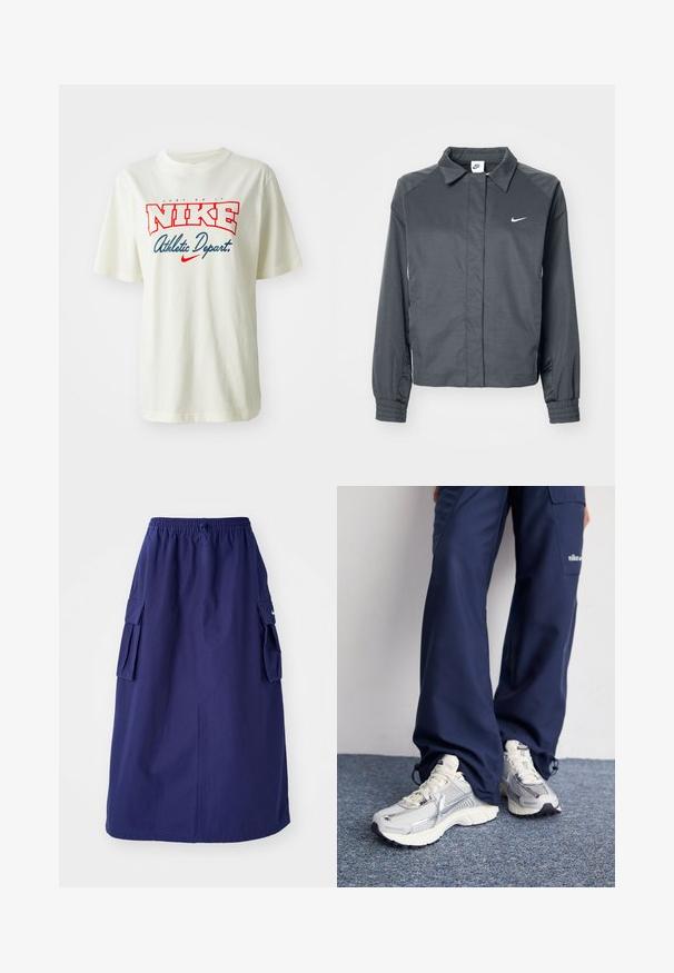 Nike Sportswear Let jakke / Sommerjakker - black; Hvid bomulds t-shirt med rød og blå "NIKE" logo med teksten "Just Do It" ovenover og "Athletic Depart." nedenfor, korte ærmer, rund hals.; Marineblå, mellemlang nederdel med elastisk talje, der har to sidelommer og et minimalistisk logodesign. Glat stofstruktur.; Nike sportssko med en sølvfarvet mesh-overdel, hvide detaljer og strukturerede såler, parret med løstsiddende navy bukser.