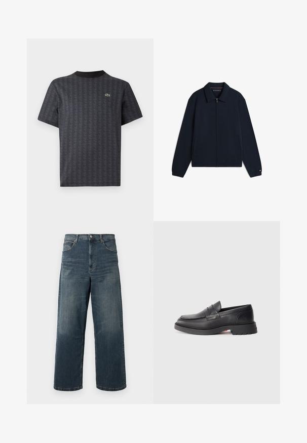 Marineblå lynlåstrøje med krave, sidelommer, elastiske manchetter og lille rød, hvid og blå logo på venstre bryst.; Sort kortærmet t-shirt med et geometrisk mønster og et grønt krokodille-logo, med en ensfarvet sort rund hals.; Bredde ben denim jeans i mørkeblå, med en falmet vask, fem lomme-design og solid syning. Knappelukning i taljen.; Sorte læder loafers med en rund tå, en hævet søm og en tyk gummisål. Enkel design med minimal branding på siden.