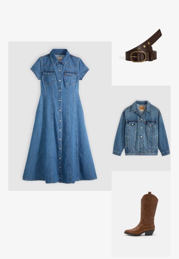 Blauwe spijkerjas met knoopsluiting aan de voorkant, twee borstzakken met knopen, zijzakken en een kraag, plat neergelegd op een lichte achtergrond.; Blauwe denim jurk met korte mouwen, knoopsluiting aan de voorkant, een kraag en twee borstzakken met klep op een lichtgrijze achtergrond.; ONLY SHOES ONLBRONCO - Cowboy-/Bikerlaarzen - brown; Bruine leren riem met een ronde messing gesp, voorzien van een klinknageldetail. Gladde textuur, taps toelopend uiteinde en gegraveerde merknaam op de gesp.