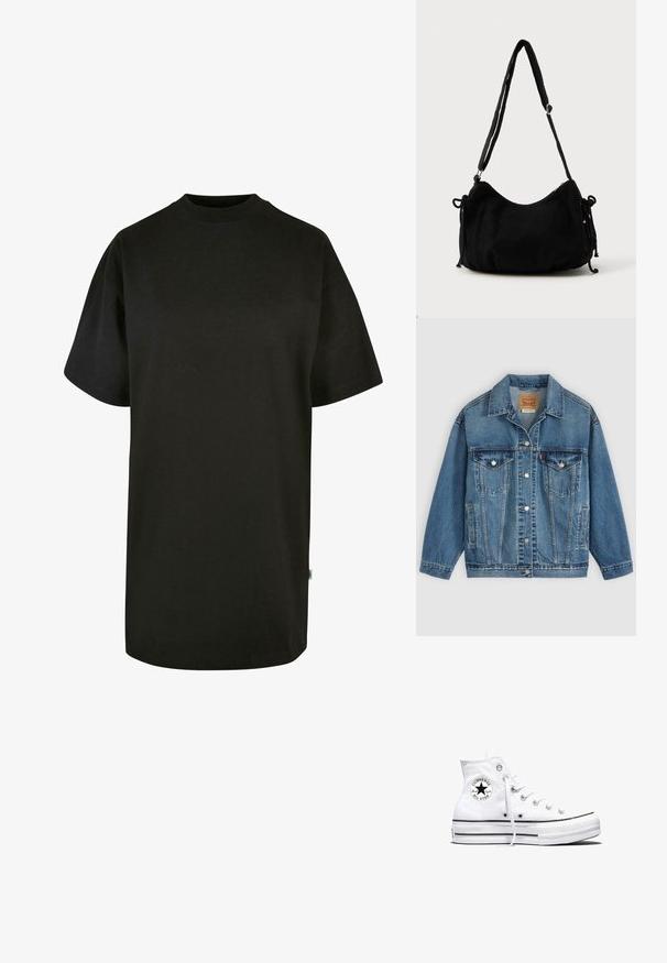 Blå denimjakke med knapper foran, to brystlommer med knapper, sidelommer og en krave, lagt fladt på en lys baggrund.; Sort bomulds T-shirt med rund halsudskæring og korte ærmer. Løs pasform, ensfarvet design og ingen synlige mønstre eller accenter.; Hvid højtop Converse Chuck Taylor All Star-sneaker med sort logo-patch og hvide snørebånd, vist på hvid baggrund.; Sort kordfløjls skuldertaske med en buet form, justerbar strop og snorelukninger på begge sider til størrelsejustering.