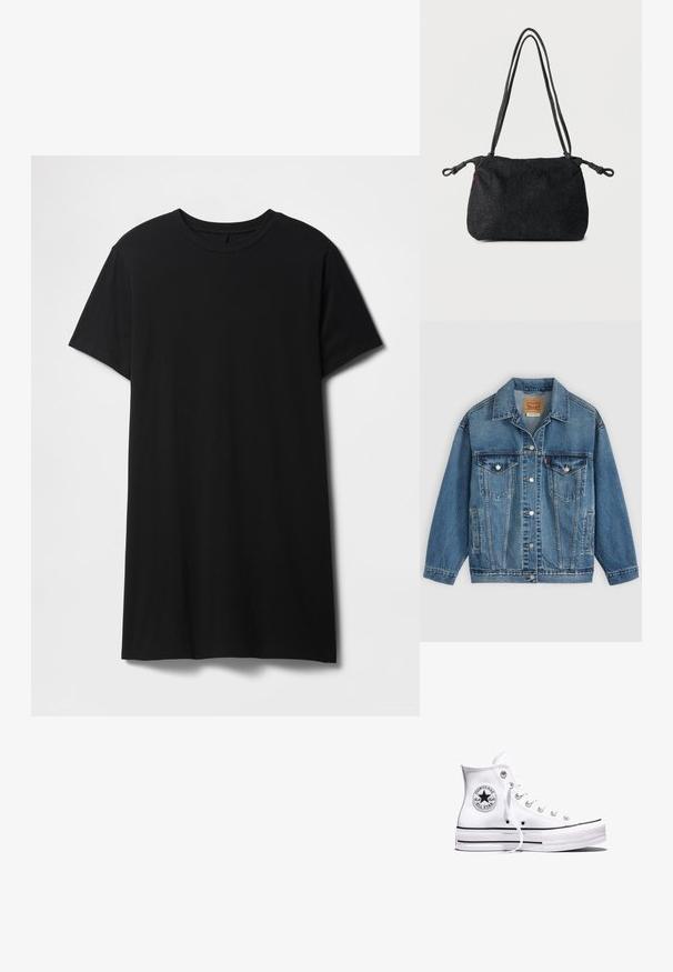 Veste en jean bleu avec fermeture à boutons à l'avant, deux poches poitrine avec boutons, poches latérales et col, posée à plat sur un fond clair.; T-shirt noir à manches courtes en coton, doté d'une encolure classique ronde et d'un ourlet droit, avec une texture lisse et mate.; Baskets blanches montantes Converse Chuck Taylor All Star avec des rayures noires et un patch logo sur le côté, présentées sur un fond blanc uni.; Sac bandoulière en denim noir avec doubles sangles en corde et extrémités nouées de chaque côté, posé sur un fond blanc uni.