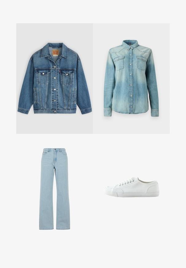 Blaue Denimjacke mit Knopfleiste vorne, zwei Brusttaschen mit Knöpfen, Seitentaschen und einem Kragen, flach auf einem hellen Hintergrund ausgelegt.; Hellblaue Jeanshemd mit langen Ärmeln, spitzem Kragen, zwei Brusttaschen und Knopfverschluss. Besitzt einen verblassten und strukturierten Stoff.; Helle blaue Schlagjeans aus Denim, mit hoher Taille, Fronttaschen und einer dezenten Waschstruktur. Standardknopf- und Reißverschluss.; Weißer Canvas-Sneaker mit niedrigem Schaft, Schnürung vorne, Gummisohle und strukturiertem Zehenkappen, gezeigt von der Außenseite vor weißem Hintergrund.