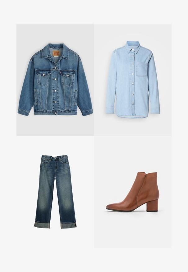 Blå denimjakke med knapper foran, to brystlommer med knapper, sidelommer og en krave, lagt fladt på en lys baggrund.; Lyseblå denimskjorte med knaplukning foran, spids krave, enkelt brystlomme og lange ærmer med knapmanchetter.; Bredde ben blå denim jeans med en falmet finish, fem lomme-design og foldede manchetter med kontrastsyninger. Glat tekstur.; Brune læder ankelstøvle med snudeformet tå, medium blokhæl og minimal sømdetaljering. Glat tekstur med en poleret overflade.