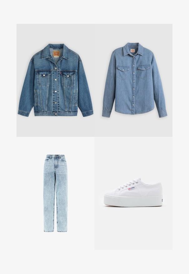 Veste en jean bleu avec fermeture à boutons à l'avant, deux poches poitrine avec boutons, poches latérales et col, posée à plat sur un fond clair.; Chemise en denim bleu clair à manches longues, boutonnée à l'avant, avec deux poches poitrine et un col classique. Texture lisse et coupe décontractée.; Jean taille haute en denim bleu clair délavé, coupe droite, bouton et fermeture éclair à l’avant, poches avant.; Baskets en toile blanches avec une épaisse semelle plateforme blanche, bout rond et œillets en métal pour les lacets. Logo de la marque affiché sur le côté.