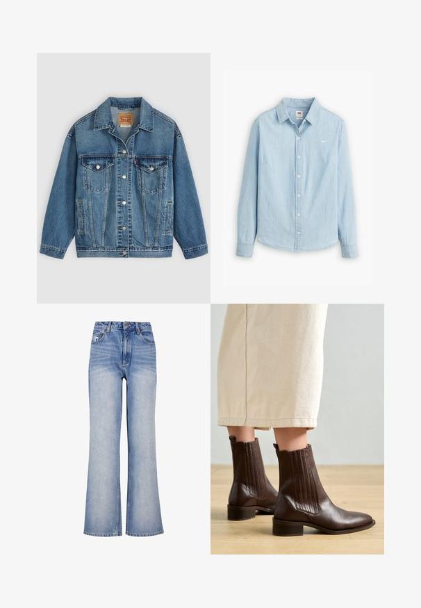 Chaqueta vaquera azul con botones en la parte delantera, dos bolsillos en el pecho con botones, bolsillos laterales y cuello, colocada plana sobre un fondo claro.; Camisa de botones azul claro hecha de suave tela de mezclilla. Presenta un collar clásico y mangas largas, con un pequeño logo en el pecho.; Jeans de mezclilla de un azul claro, de pierna ancha, con cintura alta, cierre de botón, un ligero desvanecimiento y un diseño clásico de cinco bolsillos.; Pavement SHANI - Botines - brown