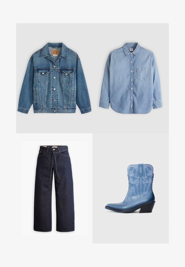 Blå denimjakke med knapper foran, to brystlommer med knapper, sidelommer og en krave, lagt fladt på en lys baggrund.; Lyseblå denimskjorte med button-down-krave, forlompe og lange ærmer. Har en buet kant og en subtil tekstur.; Bredde ben mørkeblå denim jeans med høj talje, der har snoretræk, fem lommer og kontrastsyet detaljer.; Blå gummikspænderstøvle med spids tå, dekorativ syning og sort kilehæl. Høj skafter med et struktureret mønster.