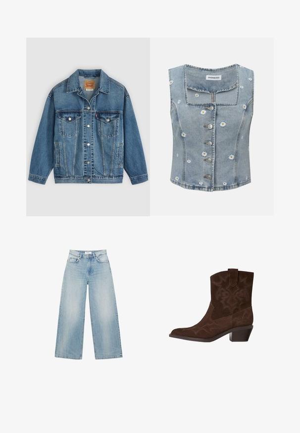 Blå denimjakke med knapper foran, to brystlommer med knapper, sidelommer og en krave, lagt fladt på en lys baggrund.; Ærmeløs lyseblå denimvest med knaplukning og hvid tusindfryd blomsterbroderi spredt over stoffet.; Lyseblå brede jeans med høj talje, forreste knap- og lynlås-lukning samt design med fem lommer.; Brune ruskinds cowboystøvle med spids tå, dekorative syninger, ankelhøjde og en stablet hæl. Har en pull tab for nem påtagning.