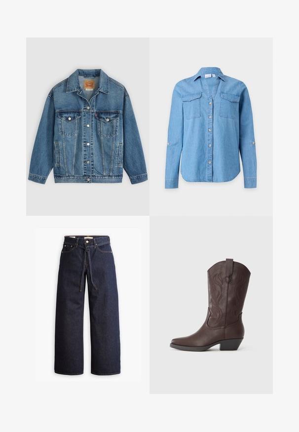 Blå denimjakke med knapper foran, to brystlommer med knapper, sidelommer og en krave, lagt fladt på en lys baggrund.; Langærmet lyseblå denimskjorte med krave, knapper foran og to brystlommer med klapper på ensfarvet baggrund.; Bredde ben mørkeblå denim jeans med høj talje, der har snoretræk, fem lommer og kontrastsyet detaljer.; Brun lædercowboystøvle med spids snude, dekorative syninger på skaftet og en lav, stablet hæl. Glat tekstur og buet design.