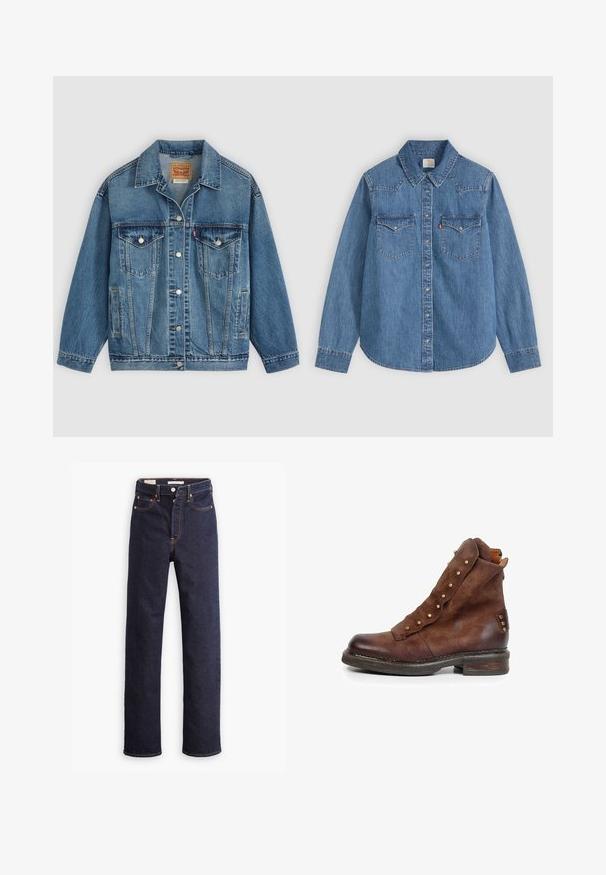 Blauwe spijkerjas met knoopsluiting aan de voorkant, twee borstzakken met knopen, zijzakken en een kraag, plat neergelegd op een lichte achtergrond.; Blauw denim overhemd met lange mouwen, knopen, puntige kraag en twee borstzakken met klep op een lichte achtergrond.; Donkerblauwe straight-leg denim jeans met vijf zakken en zichtbare oranje stiksels op een witte achtergrond.; Bruine leren enkellaars met geschulpte flap en gouden studs, robuuste zool en achterritssluiting, vanaf de zijkant op een witte achtergrond afgebeeld.