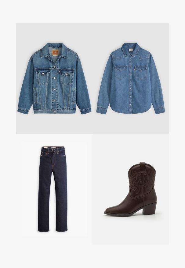 Blauwe spijkerjas met knoopsluiting aan de voorkant, twee borstzakken met knopen, zijzakken en een kraag, plat neergelegd op een lichte achtergrond.; Blauw denim overhemd met lange mouwen, knopen, puntige kraag en twee borstzakken met klep op een lichte achtergrond.; Donkerblauwe straight-leg denim jeans met vijf zakken en zichtbare oranje stiksels op een witte achtergrond.; Bruine leren cowboylaarzen met spitse neuzen, geperste vleugelpatronen, een blokhak van gemiddelde hoogte en een lus aan de achterkant.