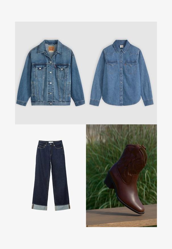 Blå denimjakke med knapper foran, to brystlommer med knapper, sidelommer og en krave, lagt fladt på en lys baggrund.; Langærmet blå denim skjorte med knapper, spids krave og to brystlommer med klap på en lys baggrund.; Mørkeblå vide jeans med højt talje, med opfoldede vamsser, kontrastsyning og fem-lommers design. Lavet af denim stof.; Brun læder cowboystøvle med dekorative syninger, vinklet opad på en træflade med sløret grønt græs i baggrunden.