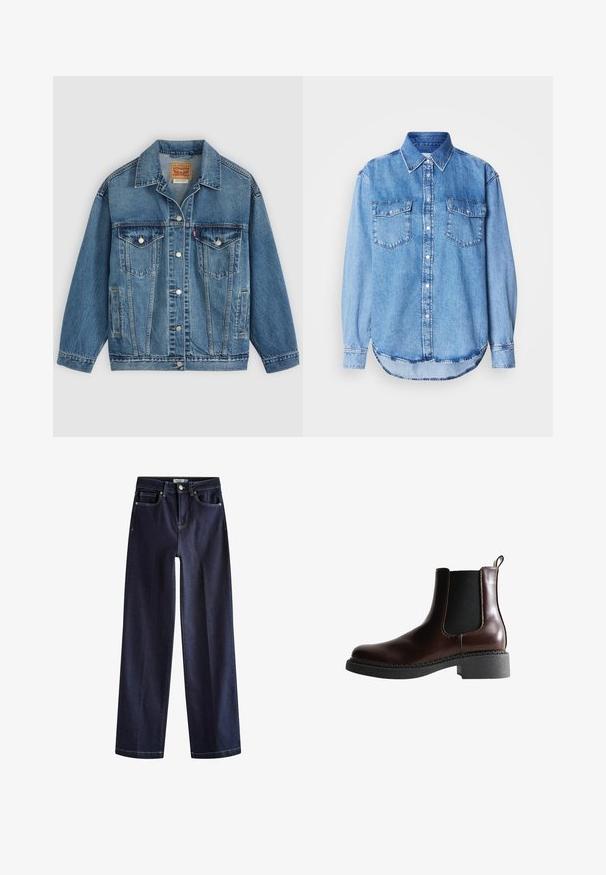 Blå denimjakke med knapper foran, to brystlommer med knapper, sidelommer og en krave, lagt fladt på en lys baggrund.; Denimskjorte i lys blå farve med klassisk krave, knaplukning foran, to brystlommer og rundet kant med syningsdetaljer.; Next Jeans Straight Leg - rinse blue; Brune læder ankelstøvle med elastiske sidepaneler, rund tå og en struktureret sort gummisål. Har kontrasterende syninger og en trækflap.