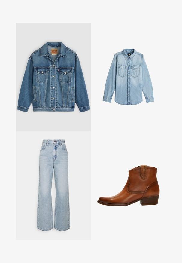 Veste en jean bleu avec fermeture à boutons à l'avant, deux poches poitrine avec boutons, poches latérales et col, posée à plat sur un fond clair.; Chemise en denim bleu clair à manches longues avec col, fermeture à boutons sur le devant, et deux poches sur la poitrine avec rabats à boutons.; Jean large en denim bleu clair avec taille haute, design classique à cinq poches et couture contrastante. Détail de ourlet brut en bas.; Bottines en cuir marron avec un bout pointu, des coutures décoratives et un petit talon empilé ; elles présentent un tige de hauteur moyenne et des languettes de tirage.