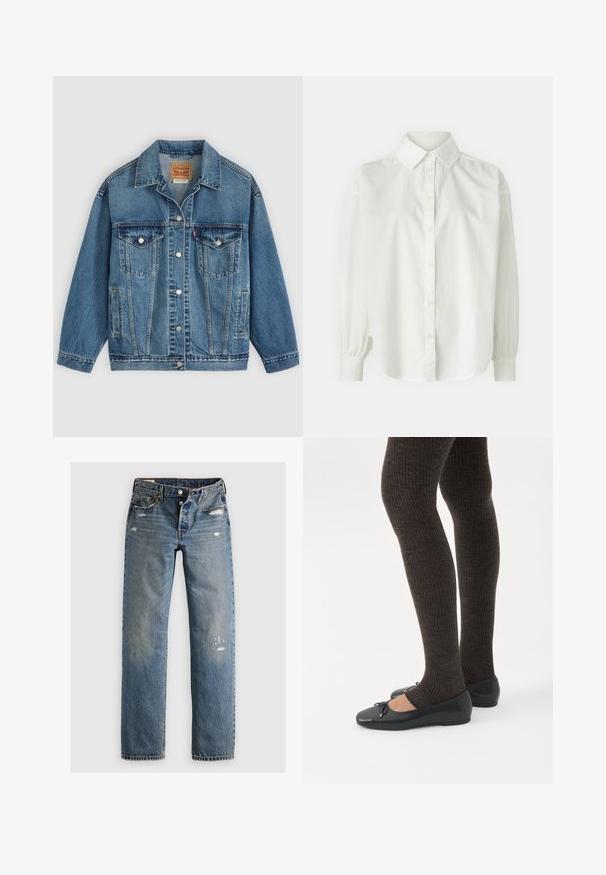 Veste en jean bleu avec fermeture à boutons à l'avant, deux poches poitrine avec boutons, poches latérales et col, posée à plat sur un fond clair.; Chemise blanche à boutons avec col classique, manches longues bouffantes et coupe décontractée. Texture lisse et léger éclat, avec boutons à l'avant.; Jean en denim bleu avec une coupe droite, présentant des détails déchirés et des patches décolorés. Le tissu a une finition texturée et des coutures surpiquées.; Jambes portant des leggings côtelés foncés associés à des ballerines noires avec de petits détails en nœud sur fond blanc.