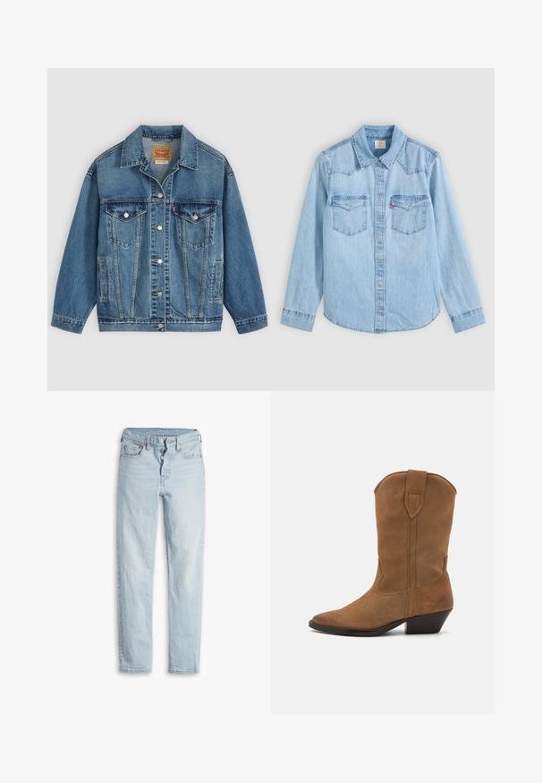Blå denimjakke med knapper foran, to brystlommer med knapper, sidelommer og en krave, lagt fladt på en lys baggrund.; Lyseblå denimskjorte med lange ærmer, knaplukning, to brystlommer med klapper og en klassisk spids krave på en grå baggrund.; Lyseblå denimjeans med høj talje, fem-lomme design, knaplukning og lige ben. Har subtilt slid og en tekstureret finish.; Pavement NIKKI - Cowboy- / bikerstøvler - taupe