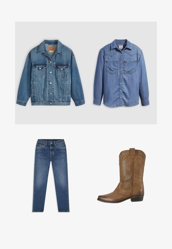 Blaue Denimjacke mit Knopfleiste vorne, zwei Brusttaschen mit Knöpfen, Seitentaschen und einem Kragen, flach auf einem hellen Hintergrund ausgelegt.; Hellblaues Jeanshemd mit spitzem Kragen, zwei Brusttaschen und Druckknöpfen. Verfügt über ein Western-Stil Rückenpasse-Design.; Blaue Denim-Jeans mit geradem Bein, ausgestattet mit einem Knopf- und Reißverschluss, fünf Taschen und dezenten Abnutzungserscheinungen in der Waschung.; Brauner Leder-Cowboystiefel bis zur Mitte der Wade mit dekorativer Naht, rundem Zehenbereich, Zuglasche oben und niedrigem Absatz.