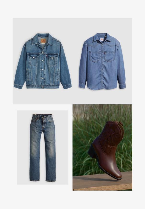 Blå denimjakke med knapper foran, to brystlommer med knapper, sidelommer og en krave, lagt fladt på en lys baggrund.; Lyseblå denimskjorte med spidst krave, to brystlommer og trykknapper. Har et western-inspireret stykke på skuldrene.; Blå denimjeans med lige ben, der har synlige sømme, en lynlås, og fem lommer. Udsatte områder tilføjer tekstur.; Brun læder cowboystøvle med dekorative syninger, vinklet opad på en træflade med sløret grønt græs i baggrunden.