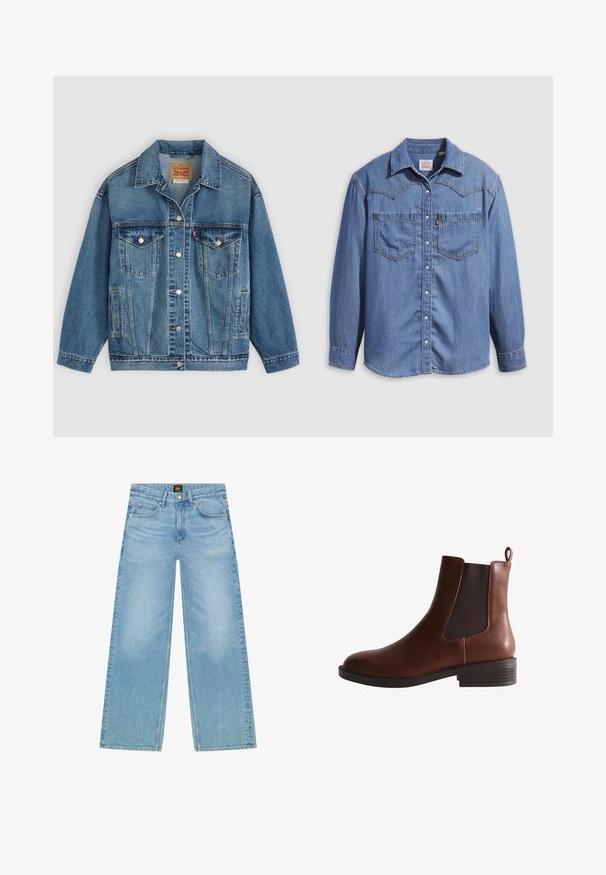 Blaue Denimjacke mit Knopfleiste vorne, zwei Brusttaschen mit Knöpfen, Seitentaschen und einem Kragen, flach auf einem hellen Hintergrund ausgelegt.; Hellblaues Jeanshemd mit spitzem Kragen, zwei Brusttaschen und Druckknöpfen. Verfügt über ein Western-Stil Rückenpasse-Design.; Helles Blau, weite Jeans aus Denim. Verfügt über ein klassisches Fünf-Taschen-Design und eine subtile verblasste Textur. Knopf- und Reißverschluss.; Brauner Leder Chelsea-Stiefel mit elastischem Seitenteil, Zuglasche hinten und niedrigem gestapeltem Absatz.