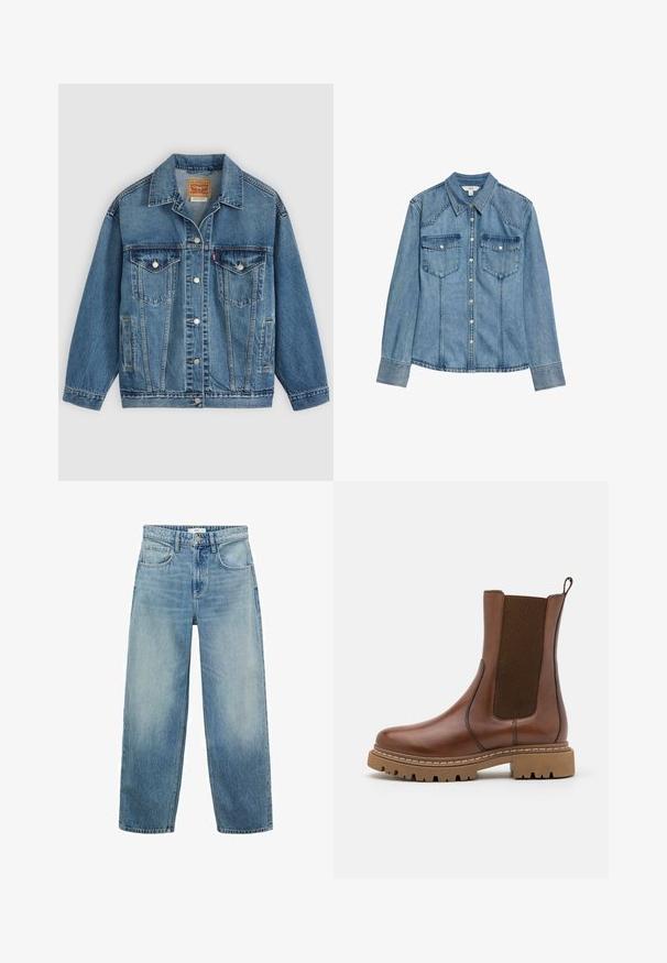 Veste en jean bleu avec fermeture à boutons à l'avant, deux poches poitrine avec boutons, poches latérales et col, posée à plat sur un fond clair.; Chemise en denim bleu clair avec un col pointu, une fermeture à boutons, deux poches poitrine et des manches longues avec des poignets à boutons. Présente une coupe classique.; Jeans en denim bleu clair à jambe large avec une taille haute, cinq poches et une fermeture à bouton. Motif délavé vers le bas.; Bottine en cuir marron avec des panneaux élastiques et une languette de tirage. Elle possède une semelle en caoutchouc épaisse et des détails de couture visibles le long des bords.