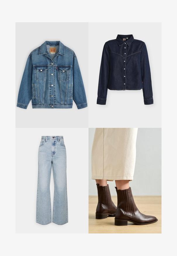 Blå denimjakke med knapper foran, to brystlommer med knapper, sidelommer og en krave, lagt fladt på en lys baggrund.; Mørkeblå denimskjorte med lange ærmer og trykknapper, vestlig stil yoke, spids krave og lige kant mod hvid baggrund.; Lysblå denim brede ben jeans med høj talje, klassisk fem-lomme design og kontrasterende syninger. Uslebne kanter i bunden.; Pavement SHANI - Støvletter - brown