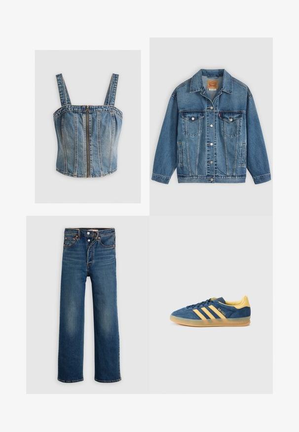 Veste en jean bleu avec fermeture à boutons à l'avant, deux poches poitrine avec boutons, poches latérales et col, posée à plat sur un fond clair.; Top en denim court avec des bretelles larges, doté d'une fermeture éclair sur le devant. Couleur bleu clair avec des coutures verticales et un design ajusté.; Jean en denim bleu foncé avec une coupe décontractée. Comprend un style à cinq poches, une fermeture à boutons et un léger délavage sur les cuisses.; Baskets en daim bleu avec accents jaunes, comportant trois bandes jaunes, une languette texturée et une semelle extérieure en gomme translucide. Nom de la marque "Gazelle" visible.