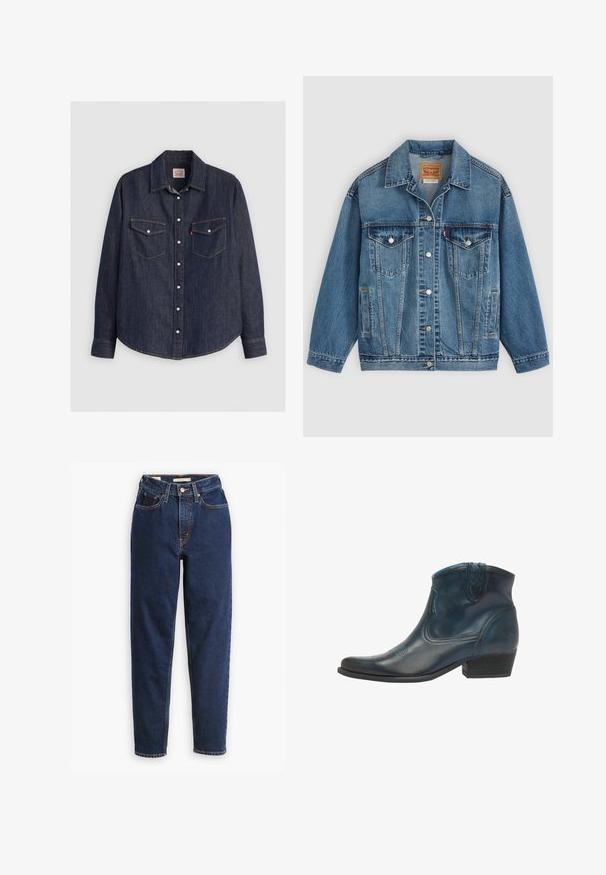 Blaue Denimjacke mit Knopfleiste vorne, zwei Brusttaschen mit Knöpfen, Seitentaschen und einem Kragen, flach auf einem hellen Hintergrund ausgelegt.; Dunkelblaues Denim-Hemd mit langen Ärmeln, knöpfbarem Frontverschluss, zwei Brusttaschen mit Klappen und kontrastierendem gelben Stich.; Dunkelblaue Jeans aus Denim mit hoher Taille, Fünf-Taschen-Design und geraden Beinen. Kontrastnähte und Knopfverschluss.; Cowboy-Stiefel aus dunkelblauem Leder, mit spitz zulaufender Zehenpartie, geschwungenen Akzenten und einem niedrigen, gestapelten Absatz mit dezenten Nähdetails.