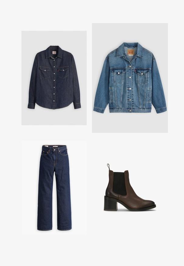 Blauwe spijkerjas met knoopsluiting aan de voorkant, twee borstzakken met knopen, zijzakken en een kraag, plat neergelegd op een lichte achtergrond.; Donkerblauwe denim overhemd met lange mouwen, kraag met knopen aan de voorkant, twee borstzakken met kleppen en contrasterende gele stiksels.; Donkerblauwe rechte spijkerbroek met vijf zakken, oranje stiksels en een knopen sluiting.; Bruine leren enkellaarsjes met elastische zijpanelen, een blokhak, een gladde textuur en een aantreklipje voor gemakkelijk aantrekken.