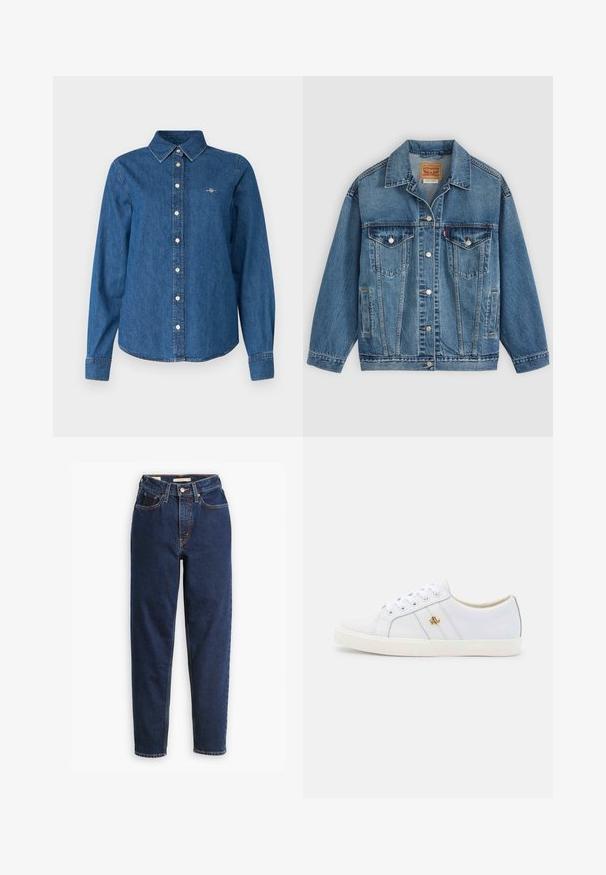 Blaue Denimjacke mit Knopfleiste vorne, zwei Brusttaschen mit Knöpfen, Seitentaschen und einem Kragen, flach auf einem hellen Hintergrund ausgelegt.; GANT REG - Hemdbluse - indigo; Dunkelblaue Jeans aus Denim mit hoher Taille, Fünf-Taschen-Design und geraden Beinen. Kontrastnähte und Knopfverschluss.; Lauren Ralph Lauren JANSON II ACTION LEATHER SNEAKER - Sneaker low - real white