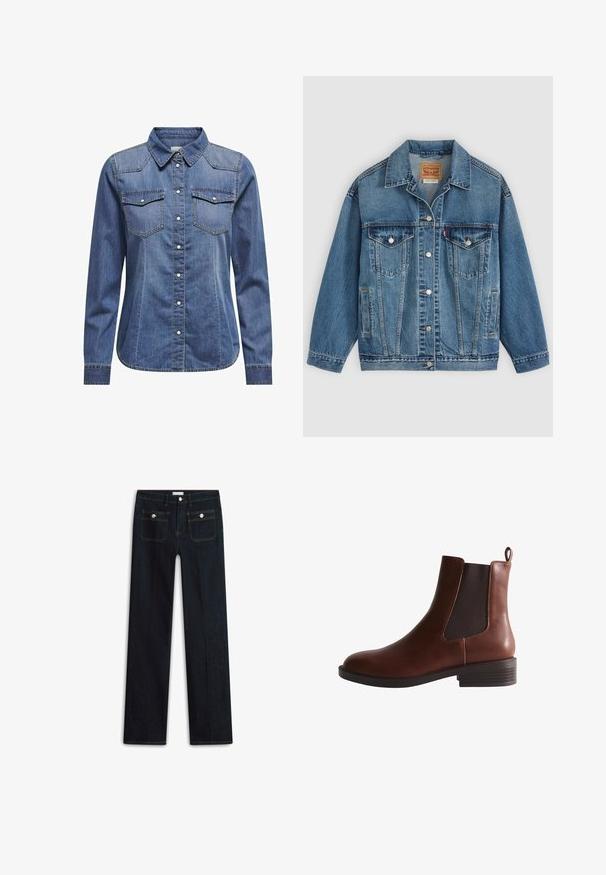 Blauwe spijkerjas met knoopsluiting aan de voorkant, twee borstzakken met knopen, zijzakken en een kraag, plat neergelegd op een lichte achtergrond.; Donkerblauw denim shirt met een kraag, lange mouwen, dubbele borstzakken en contrasterende stiksels.; Donkerblauwe spijkerbroek met een rechte pijp, voorzien van twee voorzakken en zichtbare stiknaden. Geen zichtbare slijtage.; Bruine leren Chelsea enkellaars met elastisch zijpaneel, trekbandje aan de achterkant en lage gestapelde hak.