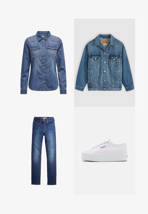 Blauwe spijkerjas met knoopsluiting aan de voorkant, twee borstzakken met knopen, zijzakken en een kraag, plat neergelegd op een lichte achtergrond.; Donkerblauw denim shirt met een kraag, lange mouwen, dubbele borstzakken en contrasterende stiksels.; Donkerblauwe denim jeans met een rechte pasvorm, vijf zakken en een klassieke knoopsluiting. Kenmerkt zich door lichte vervaging op de dijen.; Witte canvas sneaker met een dikke witte platformzool, ronde neus en metalen oogjes voor veters. Merkl logo aan de zijkant weergegeven.