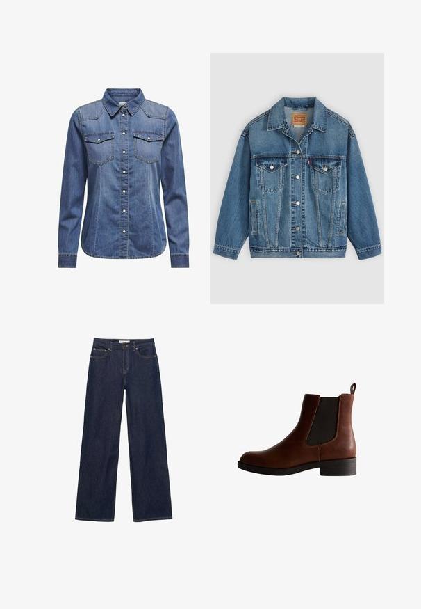 Blauwe spijkerjas met knoopsluiting aan de voorkant, twee borstzakken met knopen, zijzakken en een kraag, plat neergelegd op een lichte achtergrond.; Donkerblauw denim shirt met een kraag, lange mouwen, dubbele borstzakken en contrasterende stiksels.; Donkerblauwe spijkerbroek met brede rechte pijpen, voorzakken en een knoop- en ritssluiting.; Bruine leren enkelboot met elastische zijkanten, ronde neus en een lage blokhak. Kenmerkt zich door contrasterende stiksels en een trekband.
