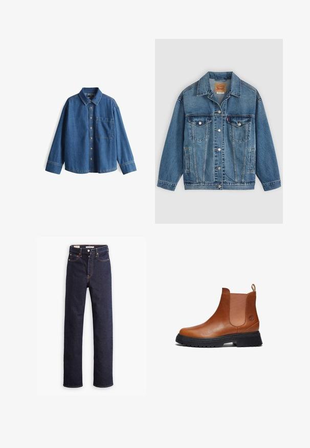 Blaue Denimjacke mit Knopfleiste vorne, zwei Brusttaschen mit Knöpfen, Seitentaschen und einem Kragen, flach auf einem hellen Hintergrund ausgelegt.; Jeanshemd, hellblau, langärmlig, Knopfleiste vorne, Kragen, eine Brusttasche, kontrastierende Nähte und ein lässiger Schnitt.; Dunkelblaue gerade geschnittene Denim-Jeans mit fünf Taschen und sichtbaren orangefarbenen Nähten auf einem weißen Hintergrund.; Timberland MID CHELSEA - Plateaustiefelette - rust copper