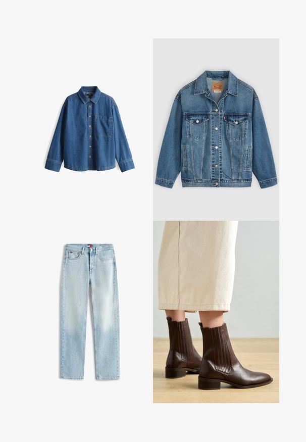 Blaue Denimjacke mit Knopfleiste vorne, zwei Brusttaschen mit Knöpfen, Seitentaschen und einem Kragen, flach auf einem hellen Hintergrund ausgelegt.; Jeanshemd, hellblau, langärmlig, Knopfleiste vorne, Kragen, eine Brusttasche, kontrastierende Nähte und ein lässiger Schnitt.; Hellblaue, gerade geschnittene Jeans mit fünf Taschen, Reißverschluss und einem kleinen Tommy Hilfiger Logo auf dem vorderen Bund und der Münztasche.; Pavement SHANI - Stiefelette - brown