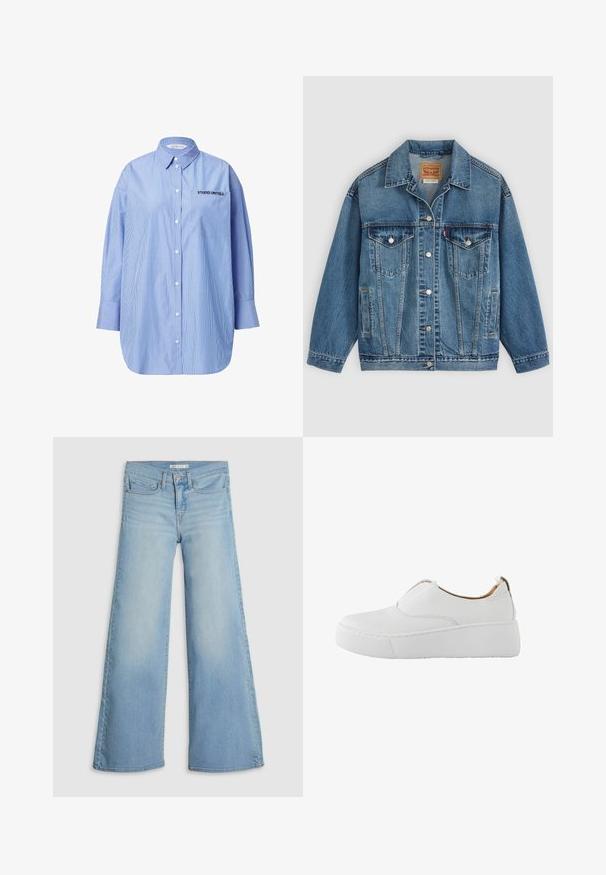 Blaue Denimjacke mit Knopfleiste vorne, zwei Brusttaschen mit Knöpfen, Seitentaschen und einem Kragen, flach auf einem hellen Hintergrund ausgelegt.; Gestreifte blaue Button-up-Bluse mit einer Tasche, die den Text "STUDIO UNTOLD" zeigt, klassischem Kragen und langen Ärmeln.; Helle blaue weit geschnittene Jeans aus Denim, mit hoher Taille, Fronttaschen und dezentem Farbverlauf sowie einem sauberen Saum.; Weißer Slip-On-Sneaker mit dicker Plateausohle und abgerundeter Spitze, entworfen für den Freizeitgebrauch.