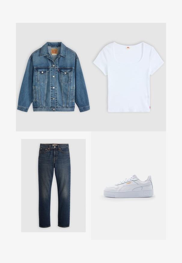 Blaue Denimjacke mit Knopfleiste vorne, zwei Brusttaschen mit Knöpfen, Seitentaschen und einem Kragen, flach auf einem hellen Hintergrund ausgelegt.; Weiße kurzärmelige Bluse mit quadratischem Ausschnitt, aus geripptem Stoff. Mit einem kleinen roten Logoschild auf der unteren linken Seite.; Dunkelblaue Denim-Jeans mit geradem Bein, im Fünf-Taschen-Stil und kupferfarbenen Nieten. Weiche Textur mit leichter Ausbleichung.; Weiße Leder-Sneaker mit einer klobigen Sohle, die über eine glatte Textur, ein minimalistisches Design, Seitenstreifen und ein kleines Logo-Detail verfügen.