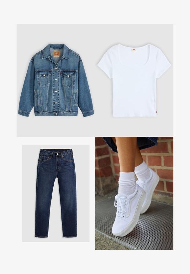Veste en jean bleu avec fermeture à boutons à l'avant, deux poches poitrine avec boutons, poches latérales et col, posée à plat sur un fond clair.; Haut blanc à manches courtes avec un décolleté carré, fabriqué en tissu à texture côtelée. Présente une petite étiquette logo rouge en bas à gauche.; Jean en denim bleu foncé avec une coupe droite. Comprend une fermeture éclair avec un bouton, cinq poches et des coutures contrastantes.; Baskets en toile blanches avec semelles en caoutchouc, dotées de six œillets, d'un bout rond et de détails de couture légers, portées avec des chaussettes blanches mi-mollet.