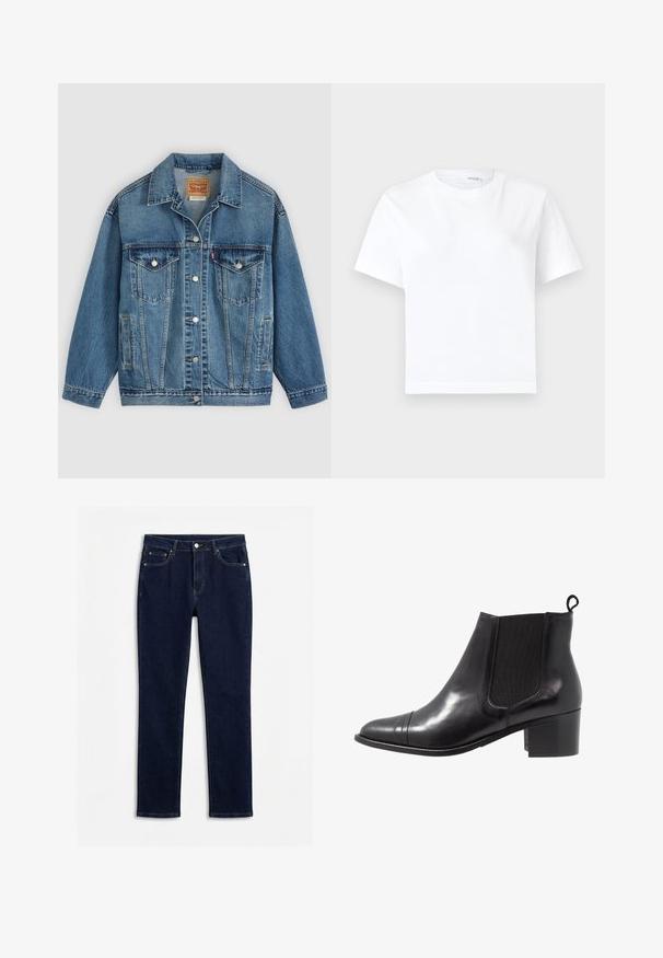 Veste en jean bleu avec fermeture à boutons à l'avant, deux poches poitrine avec boutons, poches latérales et col, posée à plat sur un fond clair.; T-shirt blanc uni en coton à manches courtes, col rond et ourlet droit, présenté sur fond blanc.; Jean slim bleu foncé avec bouton frontal, fermeture éclair, passants de ceinture et cinq poches, étalé à plat sur un fond blanc.; Botte de cheville en cuir noir avec des panneaux élastiques sur les côtés, bout rond et talon en bloc texturé. Dispose d'une languette en boucle à l'arrière pour un enfilage facile.