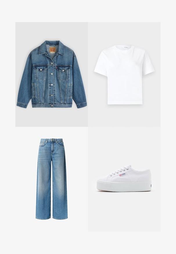 Blauwe spijkerjas met knoopsluiting aan de voorkant, twee borstzakken met knopen, zijzakken en een kraag, plat neergelegd op een lichte achtergrond.; Effen witte katoenen T-shirt met korte mouwen, ronde hals en rechte zoom, getoond op een witte achtergrond.; Brede blauwe denim jeans hebben een lichte wassing, hoge taille, voorzakken en een subtiele vervagingseffect langs de benen. Afgewerkt met een knoopsluiting.; Witte canvas sneaker met een dikke witte platformzool, ronde neus en metalen oogjes voor veters. Merkl logo aan de zijkant weergegeven.