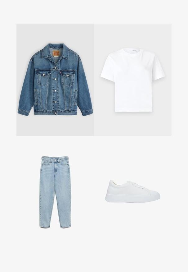 Blauwe spijkerjas met knoopsluiting aan de voorkant, twee borstzakken met knopen, zijzakken en een kraag, plat neergelegd op een lichte achtergrond.; Effen witte katoenen T-shirt met korte mouwen, ronde hals en rechte zoom, getoond op een witte achtergrond.; Lichtblauwe, hoogwater spijkerbroek met hoge taille, voorzakken, riemlussen, knoopsluiting en taps toelopende pijpen op een witte achtergrond.; Witte leren sneakers met een ronde neus, platte veters en een dikke rubberen zool. Gladde textuur met minimale stikseldetails.