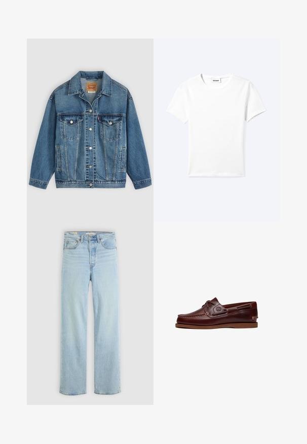 Blauwe spijkerjas met knoopsluiting aan de voorkant, twee borstzakken met knopen, zijzakken en een kraag, plat neergelegd op een lichte achtergrond.; Effen wit T-shirt met korte mouwen en ronde hals met een klein "WEEKDAY" label aan de binnenkant van de hals, plat neergelegd op een lichte achtergrond.; Lichtblauwe denim jeans met een recht model, voorzien van vijf zakken, een klassieke ritsopening en zichtbare stikselaccenten.; Bruine leren boot schoen met veters, stiksel details en Timberland-logo aan de zijkant, weergegeven op een witte achtergrond.