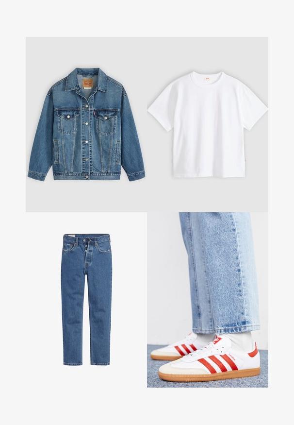Blauwe spijkerjas met knoopsluiting aan de voorkant, twee borstzakken met knopen, zijzakken en een kraag, plat neergelegd op een lichte achtergrond.; Wit katoenen t-shirt met korte mouwen, ronde hals, losse pasvorm, gladde textuur en een klein logolabel aan de linker zijnnaad.; Blauwe denim jeans met een high-waisted ontwerp, vijf knopen sluiting en rechte pijpen. De stof heeft een gestructureerde, licht vervaagde afwerking.; Witte leren sneakers met rode strepen en accenten. Voorzien van een getextureerde gumrubberen outsole en een gevoerde kraag. Draag ze met lichtblauwe denim.