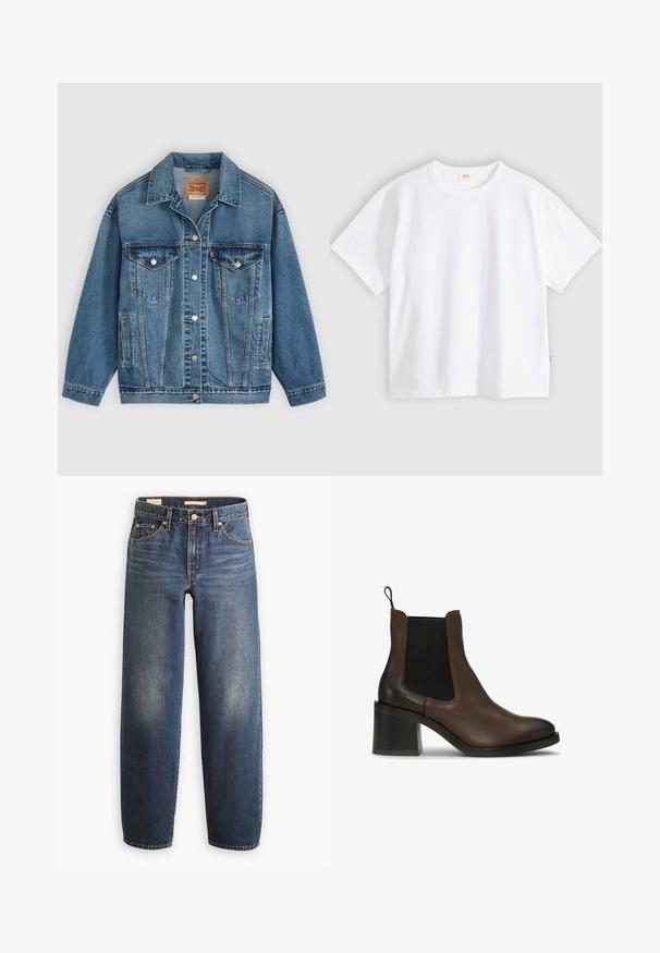 Blaue Denimjacke mit Knopfleiste vorne, zwei Brusttaschen mit Knöpfen, Seitentaschen und einem Kragen, flach auf einem hellen Hintergrund ausgelegt.; Weißes Baumwoll-T-Shirt mit kurzen Ärmeln, rundem Ausschnitt, lockerer Passform, glatter Textur und einem kleinen Logetikett an der linken Seitennaht.; Dunkelblaue Jeans aus Denim mit geradem Bein, ausgestattet mit fünf Taschen, Kupfernieten und dezenten Verwaschungen an den Oberschenkeln.; Braune Leder-Stiefeletten mit elastischen Seitenteilen, einem Blockabsatz, glatter Textur und einer Zuglasche für einfaches An- und Ausziehen.