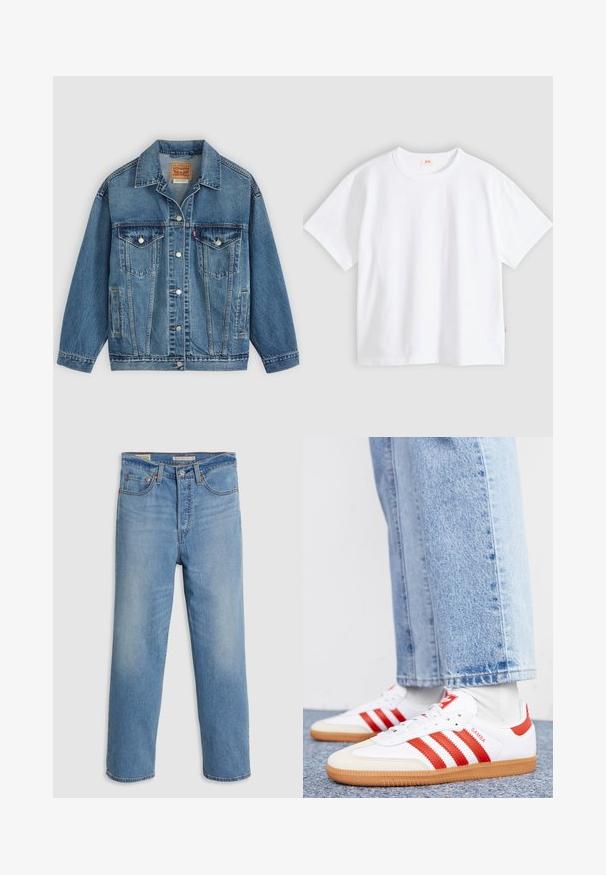 Chaqueta vaquera azul con botones en la parte delantera, dos bolsillos en el pecho con botones, bolsillos laterales y cuello, colocada plana sobre un fondo claro.; Camiseta blanca de algodón con mangas cortas, cuello redondo, ajuste holgado, textura suave y una pequeña etiqueta con logotipo en la costura del lado izquierdo.; Jeans de mezclilla azul claro de pierna recta con bolsillos frontales, lazos para cinturón y cierre de botón sobre un fondo liso.; Zapatillas de cuero blancas con rayas y detalles rojos. Cuentan con una suela de goma texturizada y un collar acolchado. Llevadas con denim azul claro.