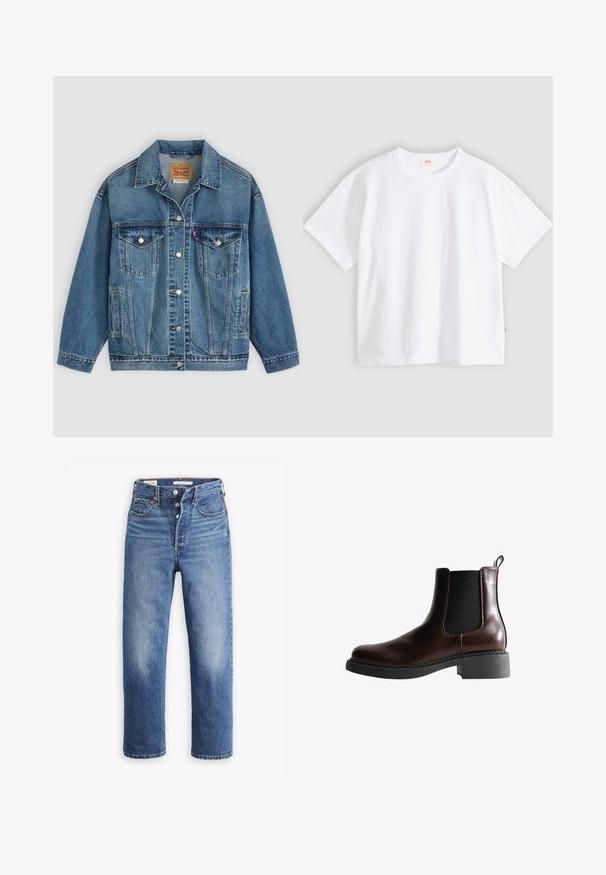 Blauwe spijkerjas met knoopsluiting aan de voorkant, twee borstzakken met knopen, zijzakken en een kraag, plat neergelegd op een lichte achtergrond.; Wit katoenen t-shirt met korte mouwen, ronde hals, losse pasvorm, gladde textuur en een klein logolabel aan de linker zijnnaad.; Blauwe denim jeans met een hoge taille, rechte pijpen en vervaagde delen. Voorzien van voorzakken en metalen details.; Bruine leren enkelboot met elastische zijpanelen, ronde neus en een gestructureerde zwarte rubberen zool. Heeft contrasterende stiksels en een lusje aan de achterkant.