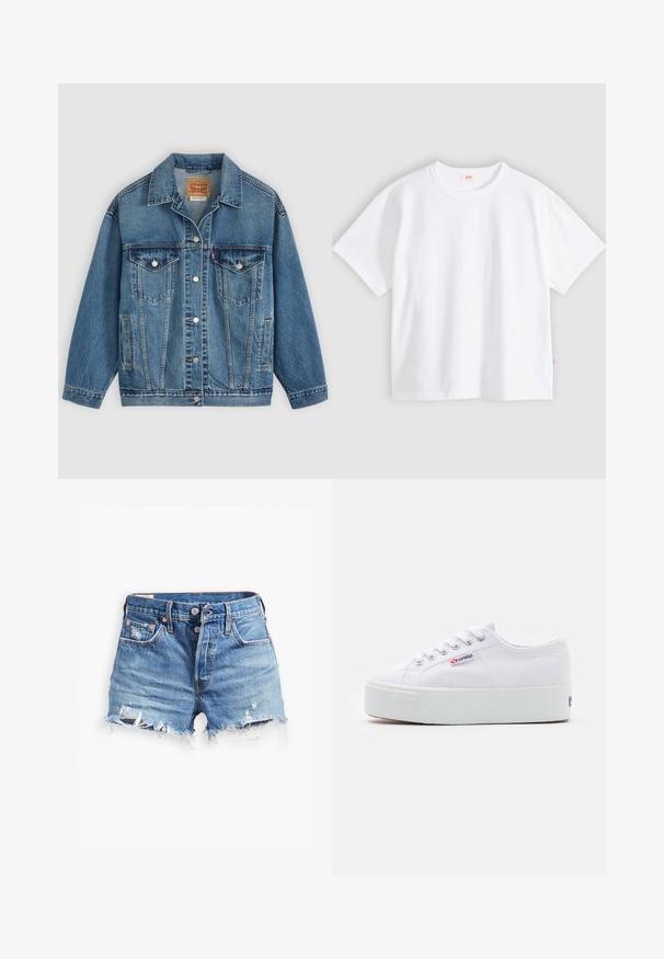 Blaue Denimjacke mit Knopfleiste vorne, zwei Brusttaschen mit Knöpfen, Seitentaschen und einem Kragen, flach auf einem hellen Hintergrund ausgelegt.; Weißes Baumwoll-T-Shirt mit kurzen Ärmeln, rundem Ausschnitt, lockerer Passform, glatter Textur und einem kleinen Logetikett an der linken Seitennaht.; Helles Denim-Shorts in Blau mit fransigen Säumen, hoher Taille, Knopfverschluss und zwei Fronttaschen; distressed Details verleihen Textur.; Weiße Leinenschuhe mit einer dicken weißen Plattformsohle, runder Zehenpartie und Metallösen für die Schnürsenkel. Markenlogo an der Seite angebracht.
