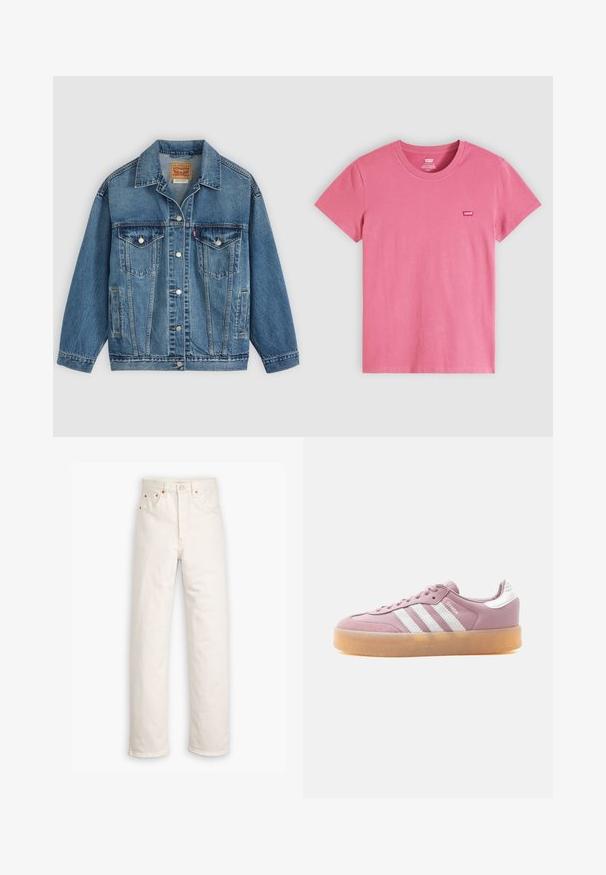 Blå denimjakke med knapper foran, to brystlommer med knapper, sidelommer og en krave, lagt fladt på en lys baggrund.; Pink Levi's T-shirt med korte ærmer, rund hals og lille Levi's-logo på venstre bryst, vist på en ensfarvet lys baggrund.; Hvide denim jeans med lige ben, fem-lommestil og kobberdetaljer. Rå kantfinish ved anklerne.; Lavskoet lyserød sneaker med hvide striber, sål i gummigummi og teksten "SAMBA" på siden.