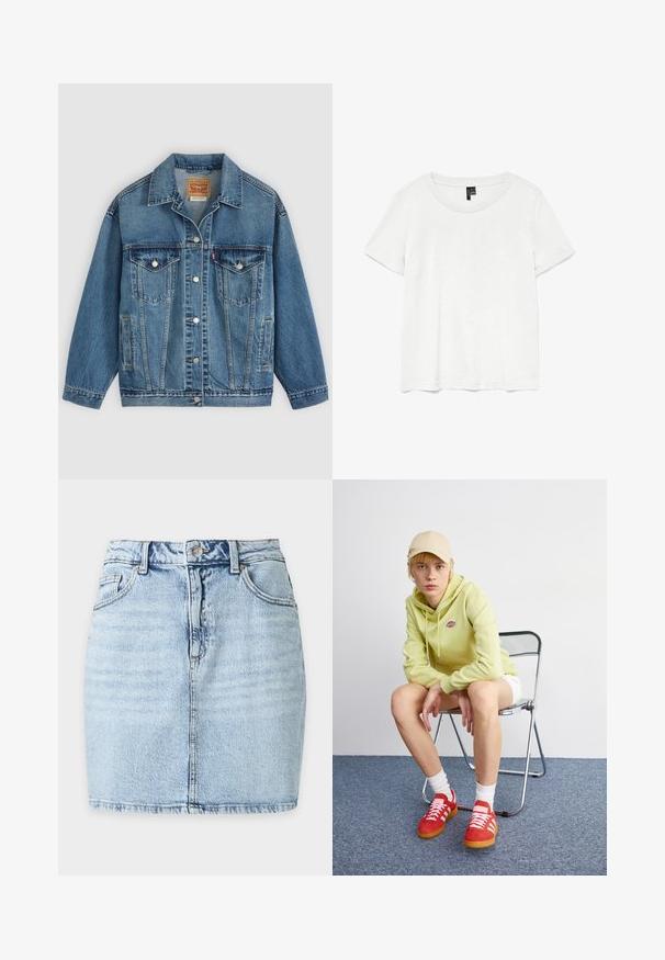 Blauwe spijkerjas met knoopsluiting aan de voorkant, twee borstzakken met knopen, zijzakken en een kraag, plat neergelegd op een lichte achtergrond.; Witte t-shirt met korte mouwen en een ronde hals, gemaakt van lichte stof. Eenvoudig ontwerp, gladde textuur en rechte zoom.; Lichtblauwe denim minirok met knoop aan de voorkant, riemlussen, twee steekzakken voor en een zichtbare verticale naad in het midden.; Lichtgroene hoodie met logo, witte shorts, rode sneakers met witte strepen, zittend op een chroom opvouwstoel tegen een neutrale achtergrond.