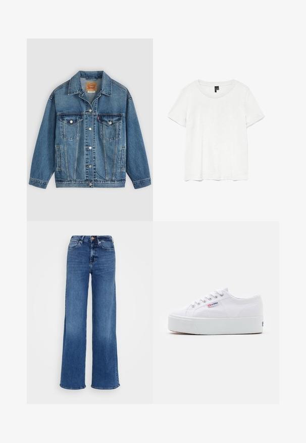 Modrá denimová bunda s gombíkovým zapínaním vpredu, dvoma náprsnými vreckami s gombíkmi, bočnými vreckami a golierom, položená na svetlom pozadí.; Biela tričko s krátkym rukávom a okrúhlym výstrihom, vyrobené z ľahkého materiálu. Jednoduchý dizajn, hladká textúra a rovný lem.; Modré džíny s širokými nohavicami vyrobené z denimu, so zvýšeným pásom, piatimi vreckami a zapínaním na gombík. Viditeľné jemné vyblednutie a detaily švov.; Biele plátenné tenisky s hrubou bielou platformou, okrúhlou špičkou a kovovými očkami na šnúrky. Logo značky zobrazené na boku.