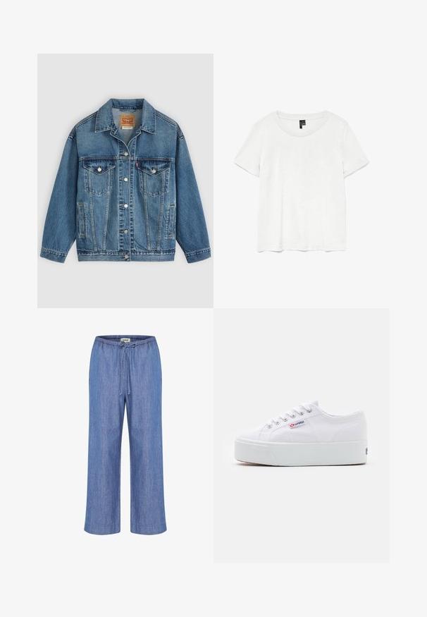 Blaue Denimjacke mit Knopfleiste vorne, zwei Brusttaschen mit Knöpfen, Seitentaschen und einem Kragen, flach auf einem hellen Hintergrund ausgelegt.; Weißes T-Shirt mit kurzen Ärmeln und rundem Ausschnitt, hergestellt aus leichtem Stoff. Schlichtes Design, glatte Textur und gerader Saum.; Hellblaue, weite Hosen aus weichem Denimstoff. Mit einem elastischen Bund und einem Kordelzug sowie umgeschlagenen Säumen.; Weiße Leinenschuhe mit einer dicken weißen Plattformsohle, runder Zehenpartie und Metallösen für die Schnürsenkel. Markenlogo an der Seite angebracht.