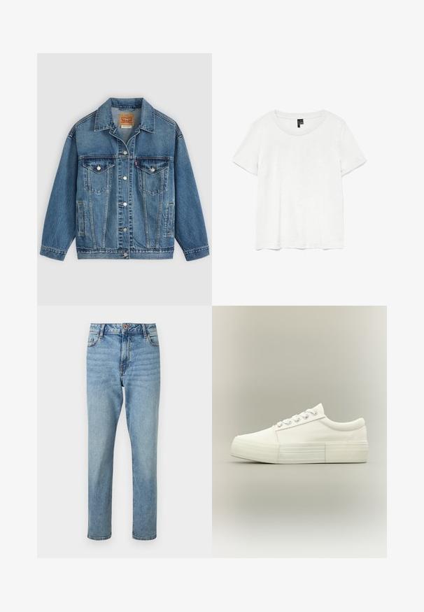 Veste en jean bleu avec fermeture à boutons à l'avant, deux poches poitrine avec boutons, poches latérales et col, posée à plat sur un fond clair.; T-shirt blanc à manches courtes avec un col rond, fabriqué en tissu léger. Design simple, texture lisse et ourlet droit.; Jean bleu clair taille haute, coupe droite, avec fermeture par bouton et zip à l'avant, poches avant et détails subtilement délavés.; Baskets basses blanches avec semelle épaisse, œillets métalliques et lacets, montrées de profil sur un fond clair uni.